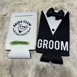 Bride Claw White Skinny Can Koozie And Groom Tuxedo Koozie Wedding